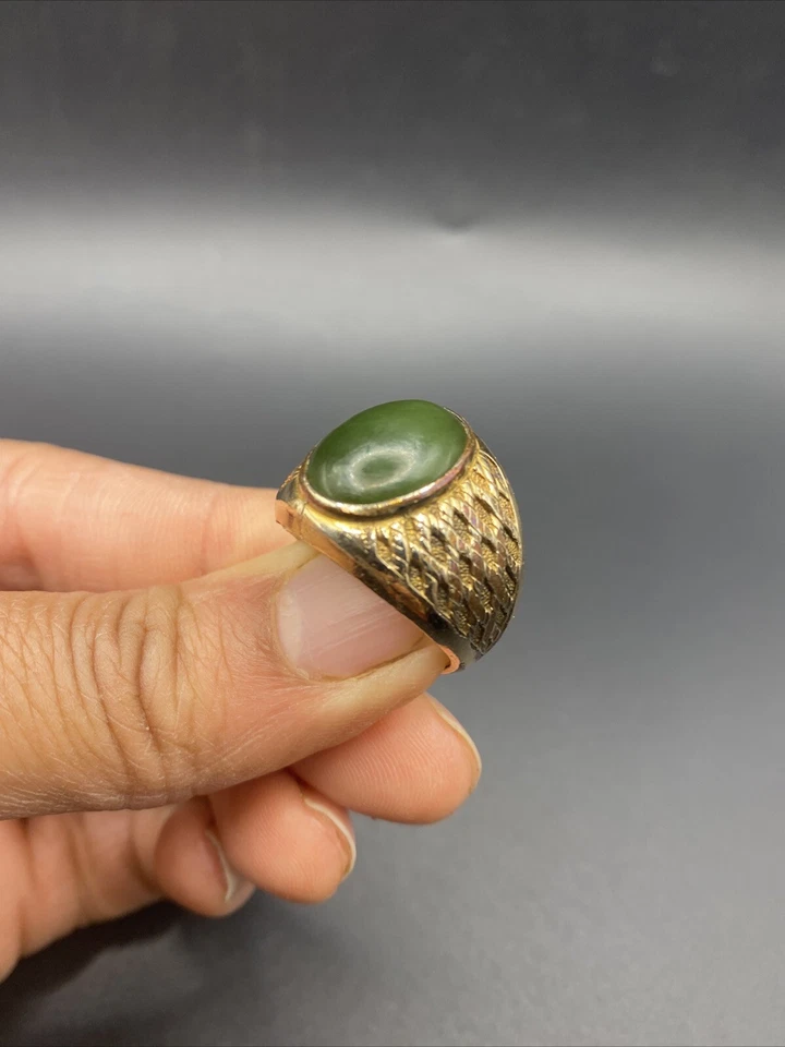 Anillo de sello firmado relleno de oro de 10k vintage con jade ovalado grande? Talla 9 Foto 2 de 4