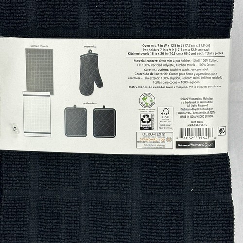 Mainstays Kitchen Set Black/White-2 Terry Towels-1 Oven Mitt-2 Pot Holders NEW - Picture 3 of 8