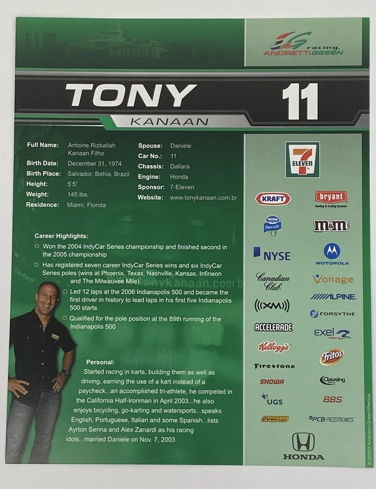 Tony Kanaan Autographed Signed 8x10 Hero Photo Card 7-11 Indy Car Racing - Image 3 of 3