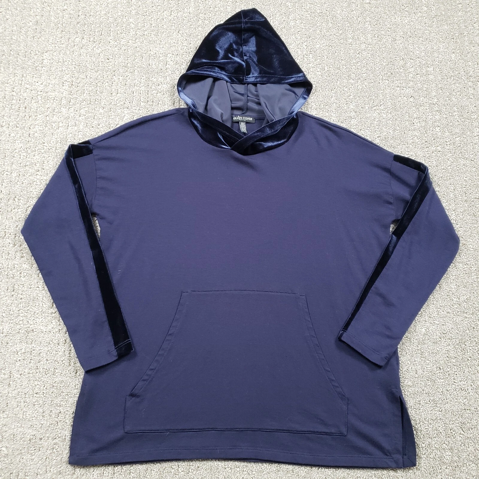 EILEEN FISHER Petite Womens PP Hoodie Velvet-trim Hooded Terry Pullover Blue
