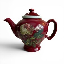 Vintage McCormick Ceramic Teapot Burgundy Glaze w/ Infuser Upcycled Roses ~ USA