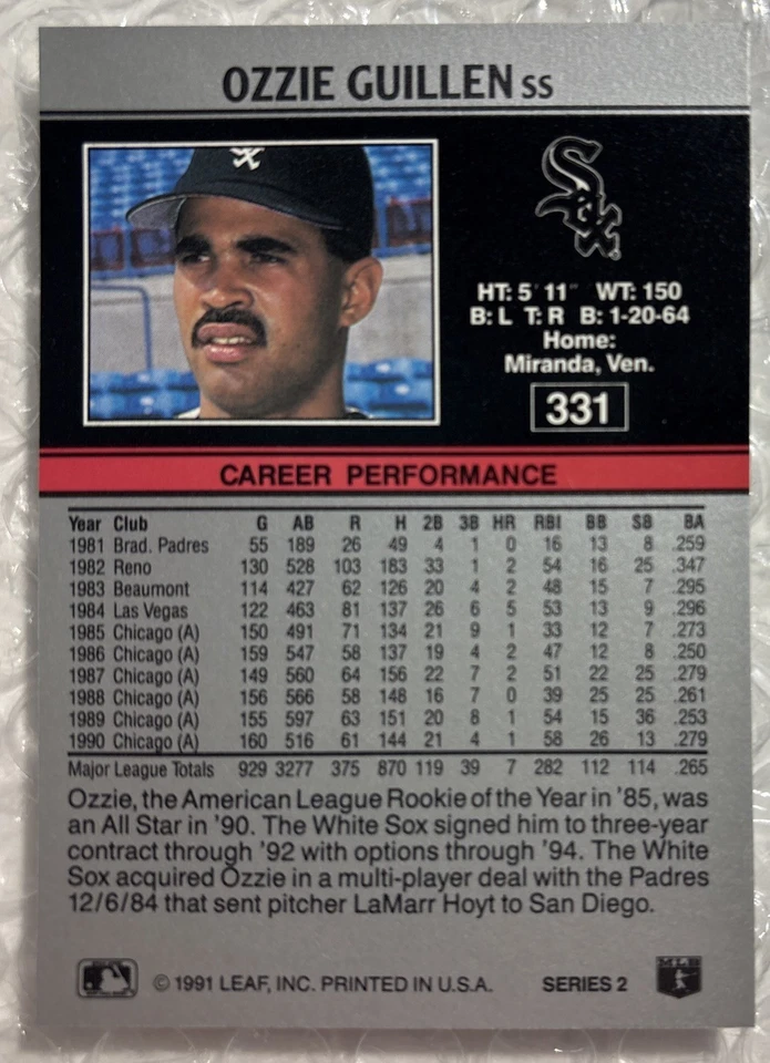 1991 Leaf #331 Ozzie Guillen - Image 2 of 2