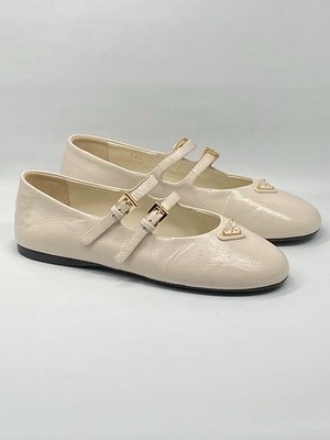 Prada Leather Double-Strap Triangle Logo Ballerina Flats Retail $1100