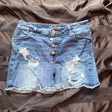 Maurices Denim Shorts Womens 10 Blue Distressed Button Fly High Rise Edgy Boho