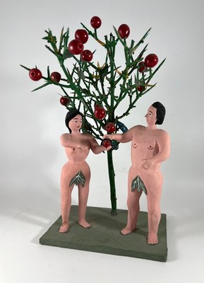 VTG  Adam & Eve with Tree & Snake Peru Hand Made Folk Art Signed Painted Statue