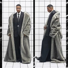 115-120cm Long Coat Mens Faux Fox Fur Lapel Collar Overcoat Winter Warm S-6XL Sz