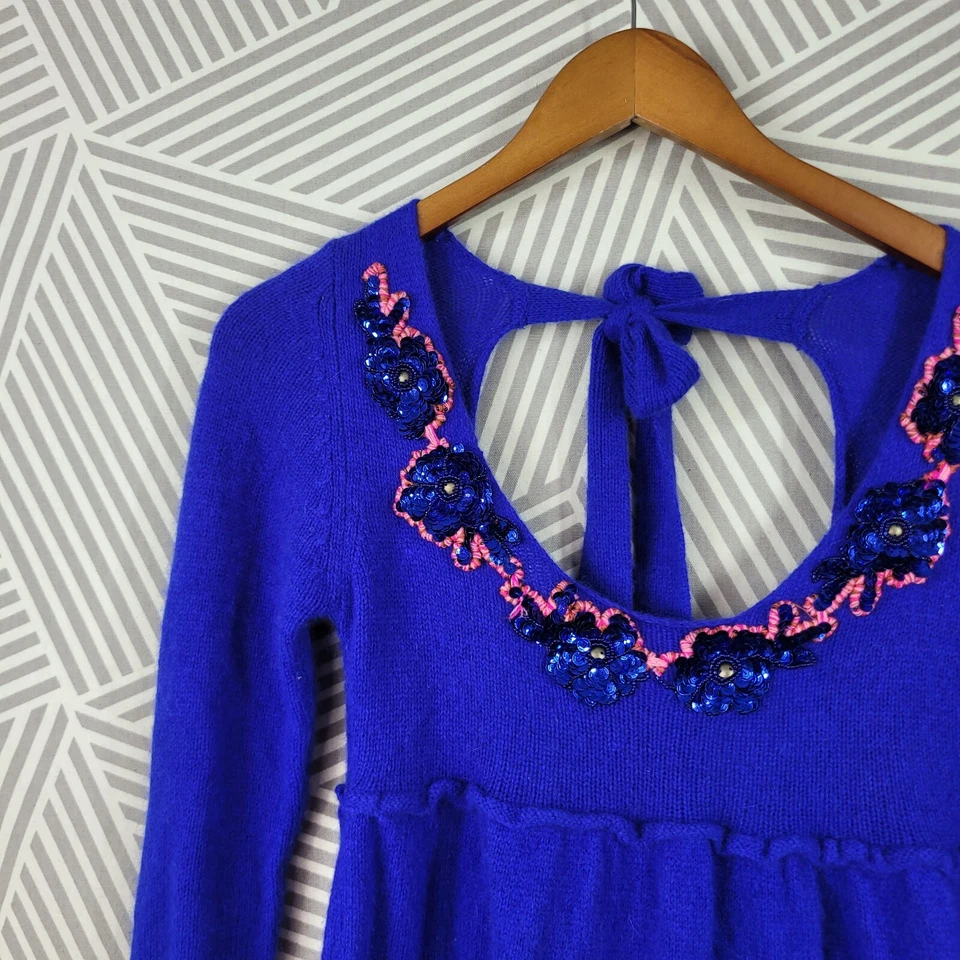 Free People 羊毛安哥拉亮片毛衣上衣 XS 码绑带皇家蓝色花卉 — 第 3/4 张图片