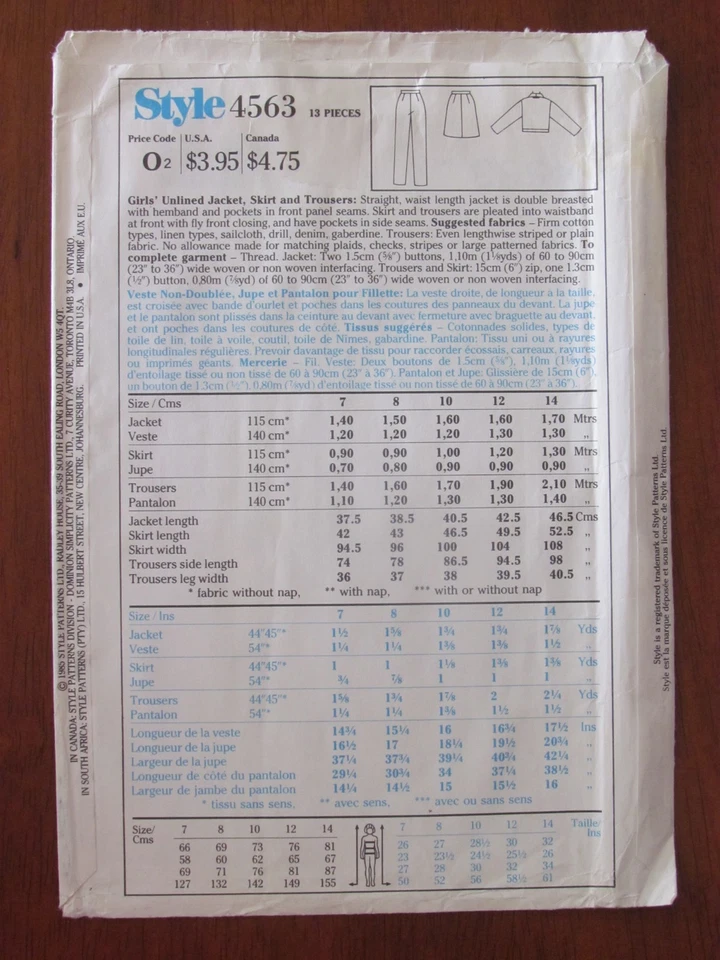 STYLE PATTERN - 4563 GIRLS' CROSS-OVER JACKET SKIRT PANTS PLEATS 10-14 UNCUT  - Image 2 of 2