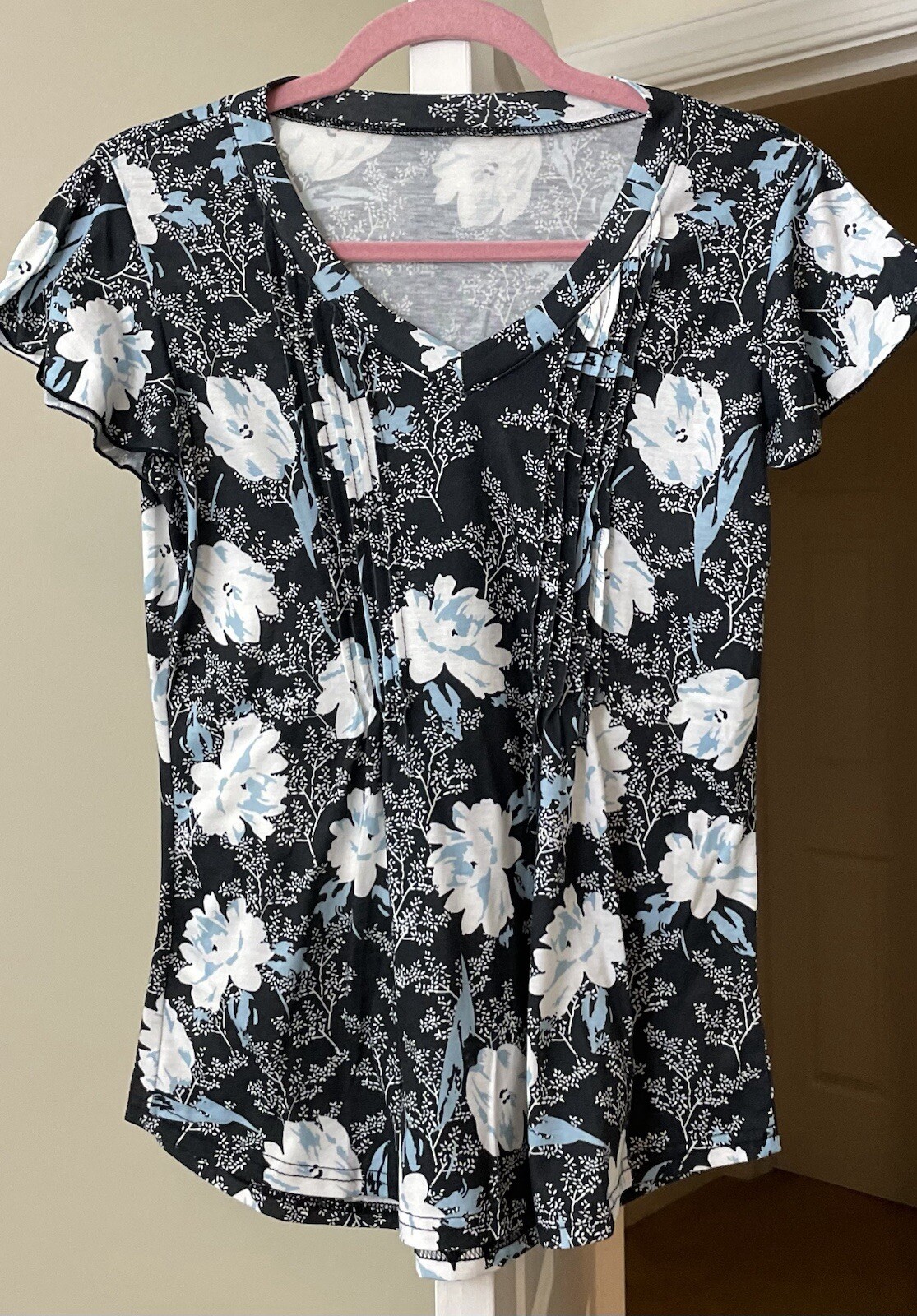 Bohemian Blue Floral V-Neck Flutter Sleeve Top Women's Small Gypsy Style