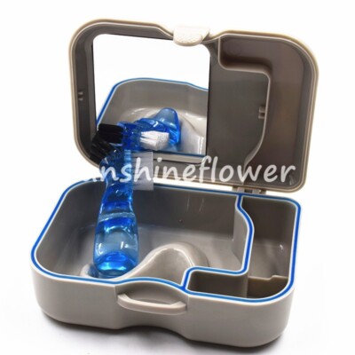 Dental Oral Denture Storage Box Case With Mirror Clean Brush Appliance Soak Box
