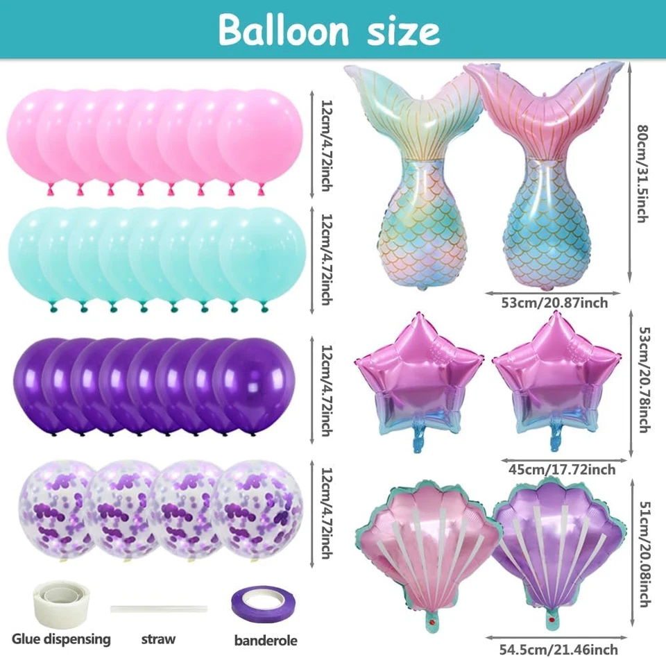 Mermaid Birthday Decor Set for Girls - Balloons, Banner, Tablecloth, Swirls - Image 4 of 4