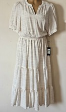 New Tommy Hilfiger Dress Tiered Ivory Crepe Thin Multi Color Stripe V-Neck Sz 8