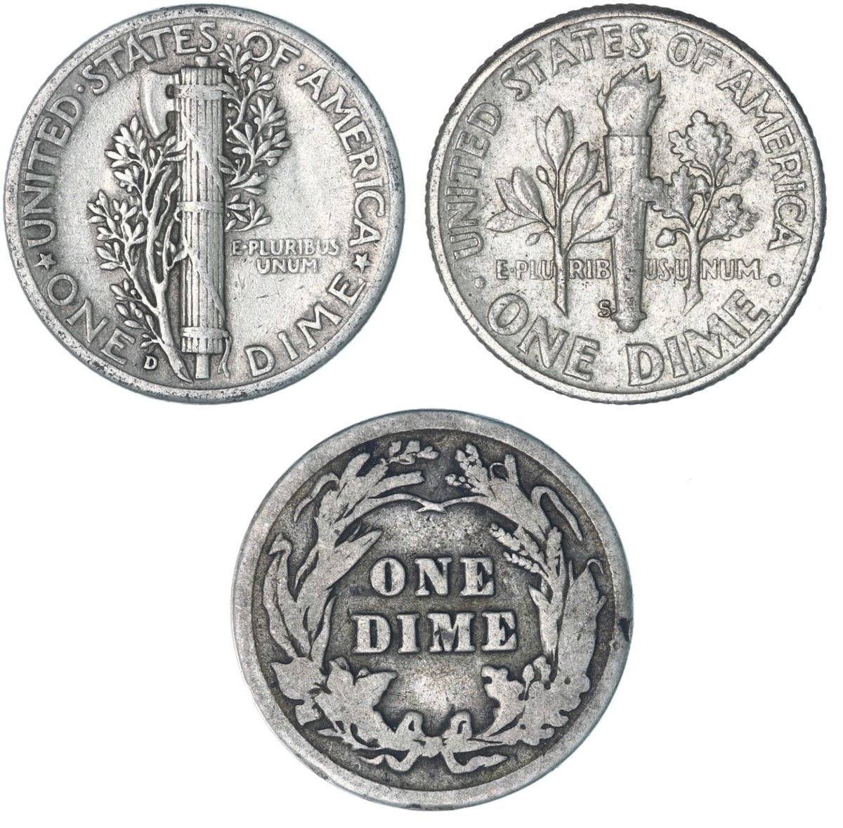 Lot of 3 Coins - Barber, Mercury & Roosevelt 90% Silver Dimes Nice