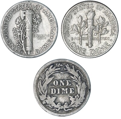 Lot of 3 Coins - Barber, Mercury & Roosevelt 90% Silver Dimes Nice