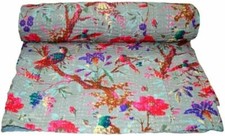 Art Kantha Double Quilt Handmade Floral Reversible Blanket Cotton Bohemian Throw