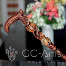 Wooden walking stick Adam Eve Walking cane Paradise Aple & Snake Religion style