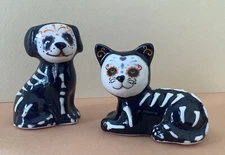 HALLOWEEN FALL “DAY OF THE DEAD” DOG & CAT Ceramic Salt & Pepper Shaker Set