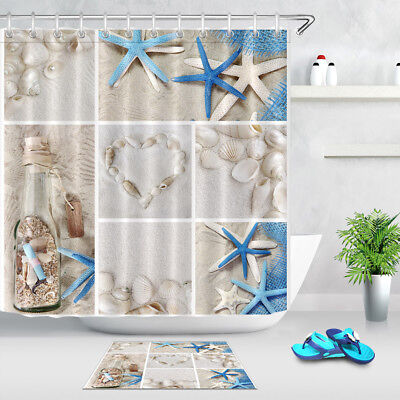 Bathroom Waterproof Fabric Mat Hooks, Beach Theme Fabric Shower Curtains