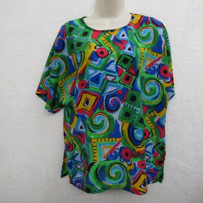 Nicola Womens Top Shirt Blouse Size L Green Art Print Short Sleeve Round Neck