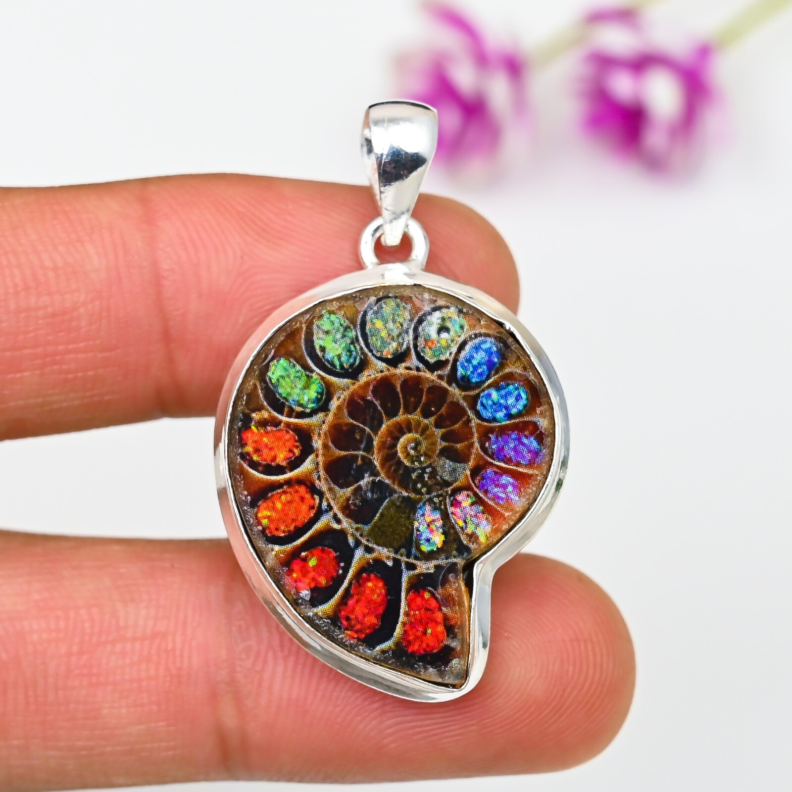Bello Opal Inlay Ammonite Gemstone 925 Sterling Silver Designer Pendant Gift
