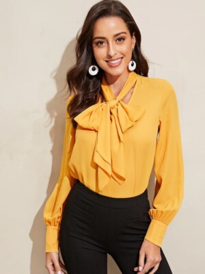 yellow tie neck blouse