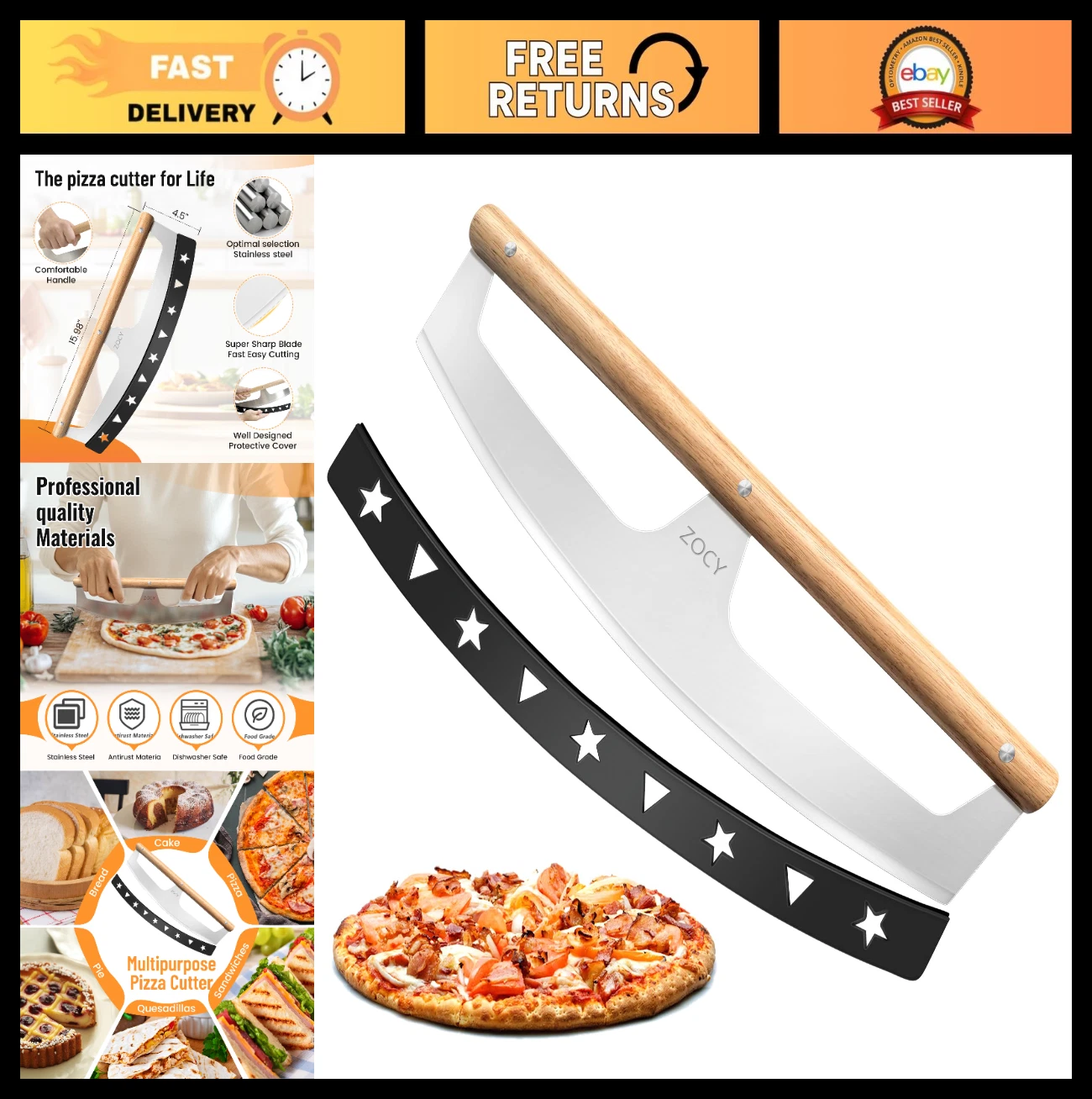 16" Stainless Steel Pizza Cutter Rocker with Wooden Handles & Cover, Kitchen Too