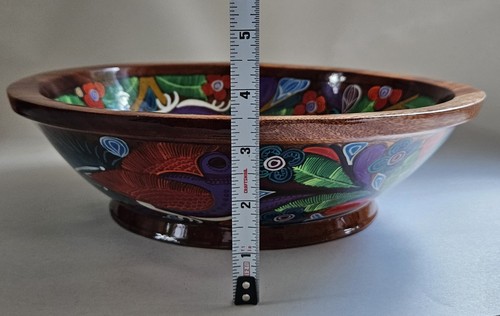 Nuevo Vallarta Mexican Folk Art Peacock Bird Hand Painted Wooden Bowl Signed 12" - Picture 16 of 17