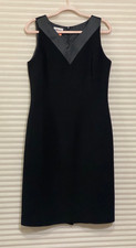 Kasper Sz 10 Black Classy Lined Knee Length Sheath Dress with Satin V Neck EUC