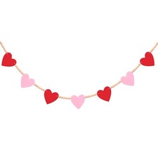 Valentine's Day Felt Heart Garland with Wood Beads, Red Pink Banner for Firep...