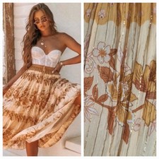 Spell & The Gypsy Coco Lei~Caramel Floral Boho Gold Thread Midi Skirt S 👇check