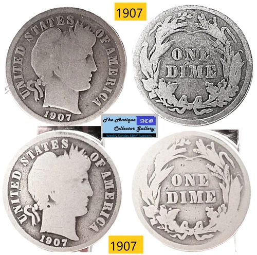 2 Antique 1907⌛US Philsdelphia Mint Silver Barber Dimes🪙As Depicted🪙