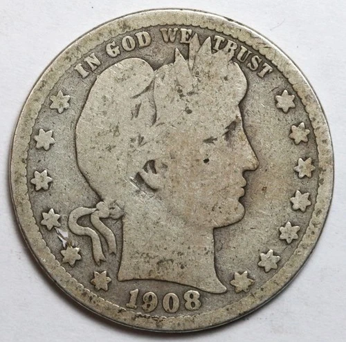 1908-D 25c Barber Silver Quarter - RAW - Nice Original Coin