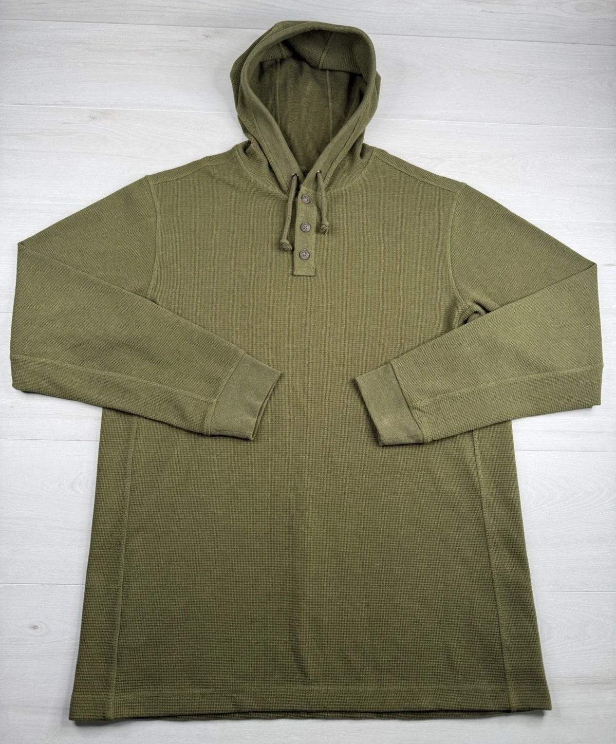 Duluth Trading Co Hoodie Army Olive Green Thermal Waffle Knit Henley Mens L EUC