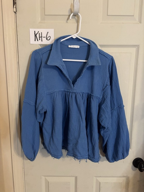 Ces Femme Blue Solid Collared Long Sleeve Pullover Ruffle Woven Blouse M