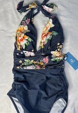 CUPSHE One Piece Swimsuit Women's Size XS Halter Top Navy Floral
