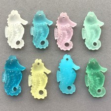 Aqua Green Pink Yellow 29x17mm Seahorse Beach Sea Glass Frosted Charms 4 per Pkg