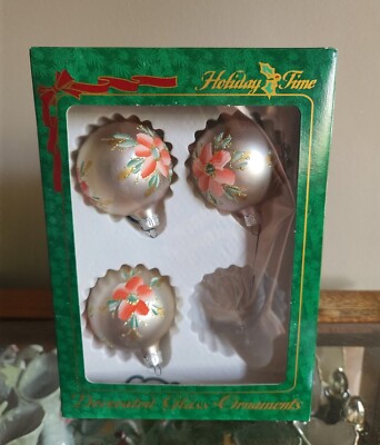 Vintage 3 Holiday Time Decorated Glass Ornaments Silver Red/pink Flower Glitter 