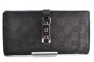 GUCCI Jackie GG Canvas Long Wallet Leather Black Logo Zip