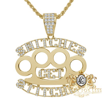 Gold Tone Simulated Diamond Snitches Get Stitches Knuckle Pendent Charm + Chain