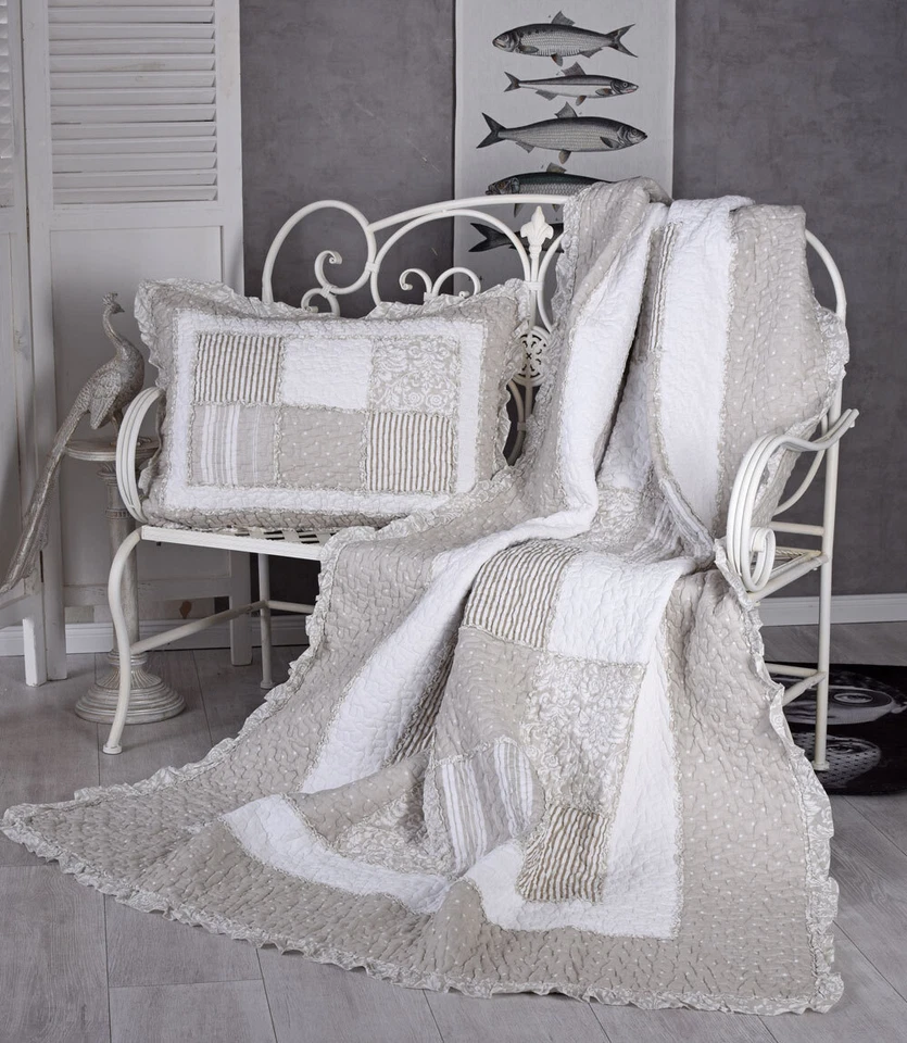 Quilt Decke Patchwork Tagesdecke Plaid Landhaus Überwurf Kuscheldecke Sofadecke - Bild 4 von 4