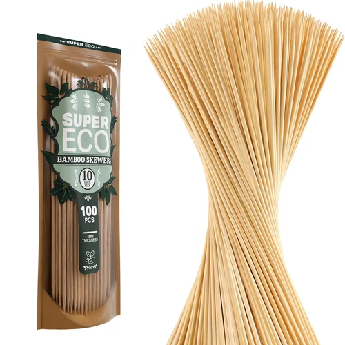 SUPER ECO 100 Pcs Natural Bamboo Skewers, 10 Inch Wooden BBQ Skewers Kabob Grill