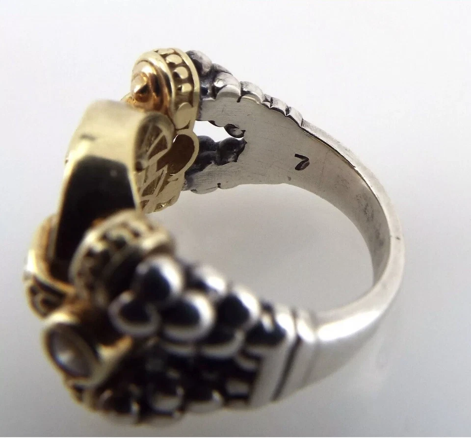 Anillo antiguo vintage de caviar de Lagos de oro de 18 quilates, plata de ley y diamantes único Foto 2 de 4