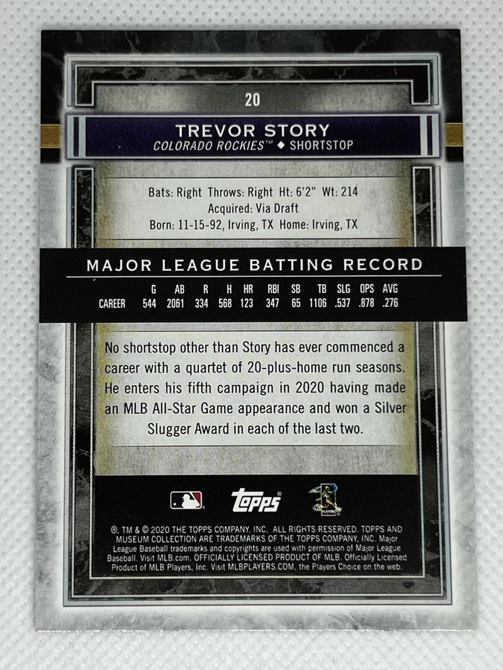 2020 Topps Museum Collection Sapphire /150 Trevor Story #20 - Image 2 of 3