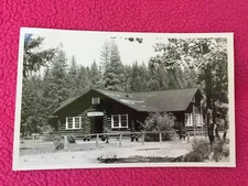 MOUNT SHASTA AREA vintage RPPC POSTCARD sign AT HAPPY CAMP high school BUILDING