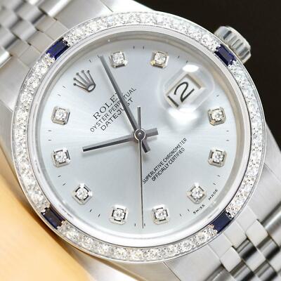 MENS ROLEX DATEJUST 16014 18K WHITE GOLD DIAMOND SAPPHIRE STEEL SILVER WATCH