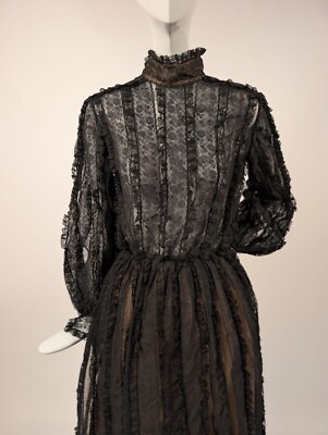 VICTORIAN REVIVAL 1970'S SHEER BLACK + CHANTILLY LACE RUFFLE DRESS W HIGH  COLLAR | eBay