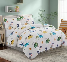 Kids Printed 600 Thread Count Cotton Percale Duvet Cover Bedding Set, Dinosaur