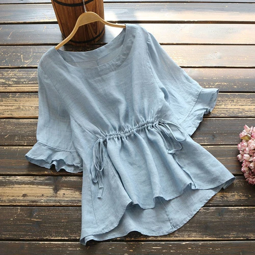 Women's Tunic T-Shirt Cotton Linen Top Ladies Summer Loose Pullover Casual Shirt - Picture 4 of 14