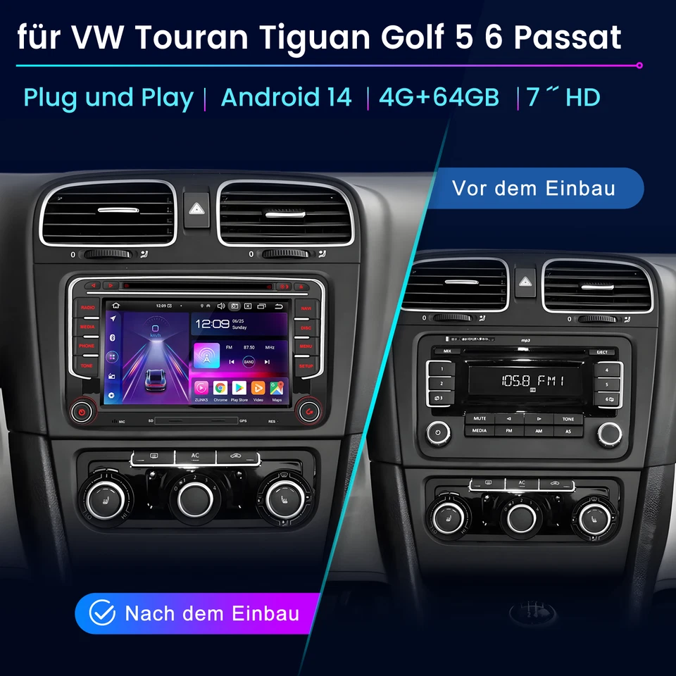 Für VW Skoda Seat Android 14 8 Kern 4+64G Autoradio 7" Navi CarPlay Wifi DAB+ BT - Bild 2 von 4