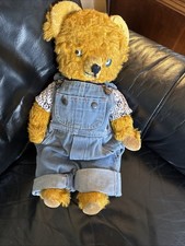 Vintage 21 Fluffy Gold Mohair Fully Jointed Artist Teddy Bear w/ Denim Overalls
